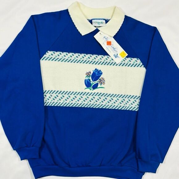Vintage Deadstock Embroidered Knit Floral Collared Crewneck Sweater - Picture 1 of 7